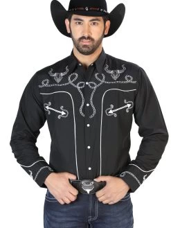 Camisa Vaquera Bordada Manga Larga Negro Para Hombre 'El Señor De Los Cielos' - ID: 126711