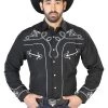 Camisa Vaquera Bordada Manga Larga Negro Para Hombre 'El Señor De Los Cielos' - ID: 126714