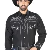 Camisa Vaquera Bordada Manga Larga Negro Para Hombre 'El Señor De Los Cielos' - ID: 126717