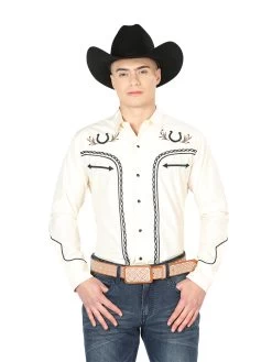 Camisa Vaquera Bordada Manga Larga Beige Para Hombre 'El Señor De Los Cielos' - ID: 43295