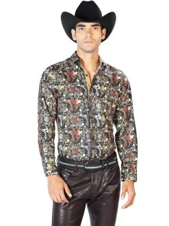 Camisa Vaquera Manga Larga Estampada Negro/Cafe Para Hombre 'El Señor De Los Cielos' - ID: 43539