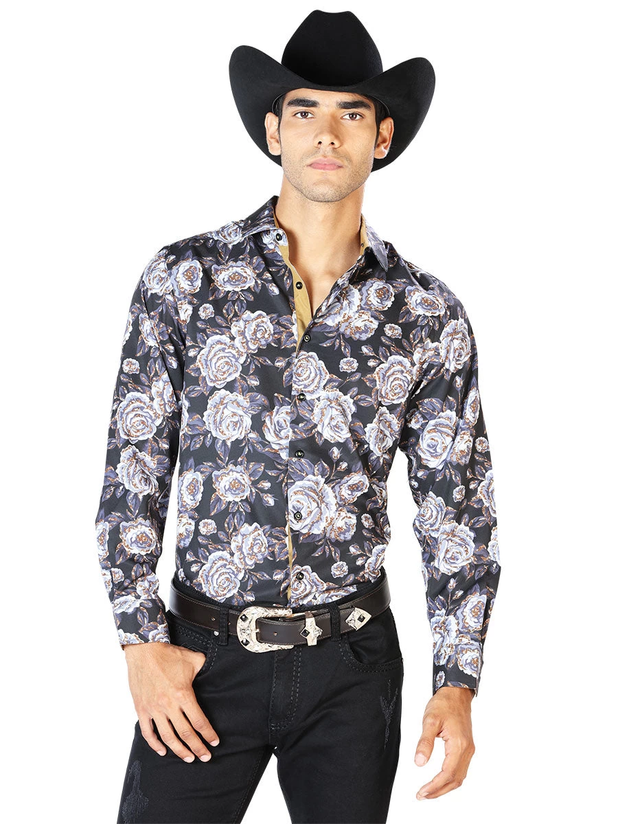 Camisa Vaquera Manga Larga Estampada Floral Negro/Beige Para Hombre 'El Señor De Los Cielos' - ID: 43540