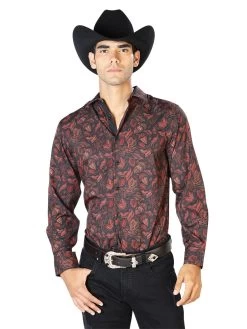Camisa Vaquera Manga Larga Estampada Negro/Ladrillo Para Hombre 'El Señor De Los Cielos' - ID: 43541