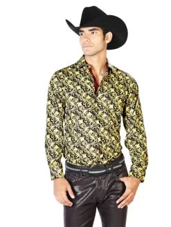 Camisa Vaquera Manga Larga Estampada Negro/Amarillo Para Hombre 'El Señor De Los Cielos' - ID: 43542