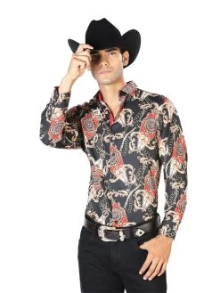 Camisa Vaquera Manga Larga Estampada Negro/Oro Para Hombre 'El Señor De Los Cielos' - ID: 43543
