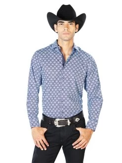 Camisa Vaquera Manga Larga Estampada Azul Para Hombre 'El Señor De Los Cielos' - ID: 43544