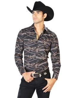 Camisa Vaquera Manga Larga Estampada Cadenas Negro/Oro Para Hombre 'El Señor De Los Cielos' - ID: 43545