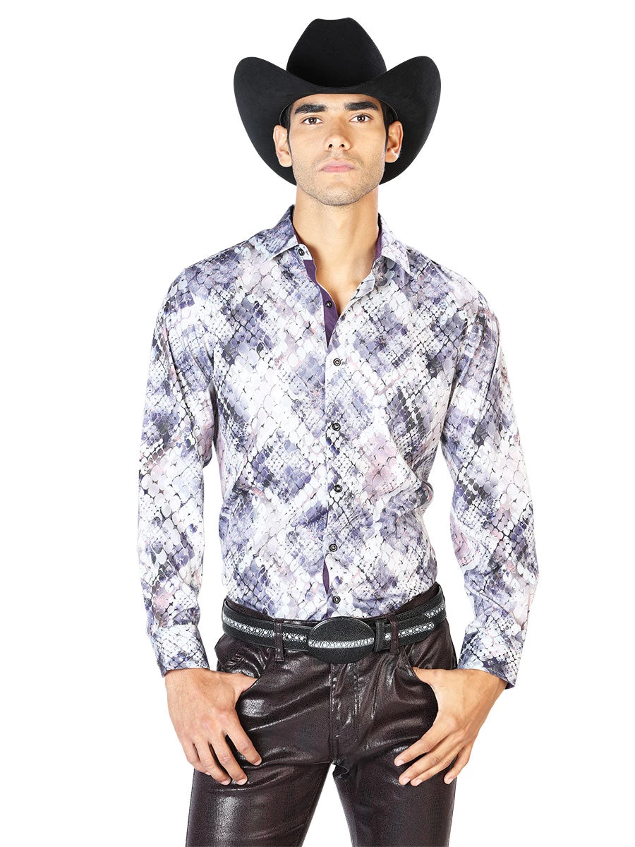 Camisa Vaquera Manga Larga Estampada Morado Para Hombre 'El Señor De Los Cielos' - ID: 43549