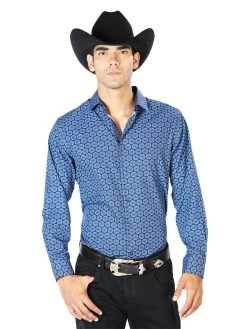 Camisa Vaquera Manga Larga Estampada Azul Marino Para Hombre 'El Señor De Los Cielos' - ID: 43550