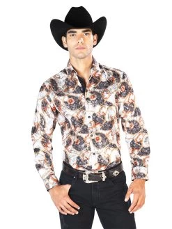 Camisa Vaquera Manga Larga Estampada Blanco Hueso Para Hombre 'El Señor De Los Cielos' - ID: 43566