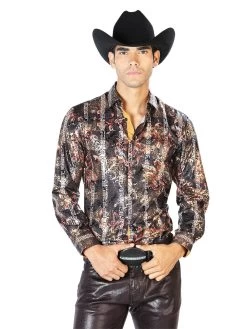 Camisa Vaquera Manga Larga Estampada Negro/Oro Para Hombre 'El Señor De Los Cielos' - ID: 43568