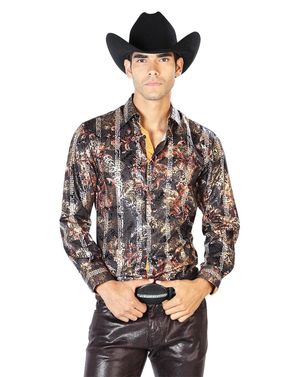 Camisa Vaquera Manga Larga Estampada Negro/Oro Para Hombre 'El Señor De Los Cielos' - ID: 43568