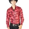 Camisa Vaquera Manga Larga Estampada Rojo/Oro Para Hombre 'El Señor De Los Cielos' - ID: 43572