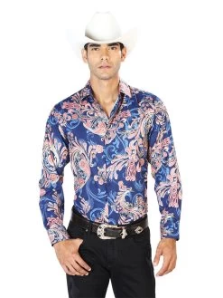 Camisa Vaquera Manga Larga Estampada Azul Para Hombre 'El Señor De Los Cielos' - ID: 43579
