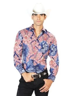 Camisa Vaquera Manga Larga Estampada Azul/Rojo Para Hombre 'El Señor De Los Cielos' - ID: 43580