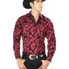 Camisa Vaquera Manga Larga Estampada Vino Oscuro Para Hombre 'El Señor De Los Cielos' - ID: 43585