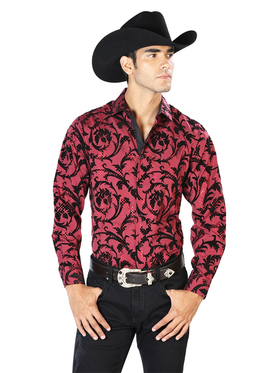 Camisa Vaquera Manga Larga Estampada Vino Oscuro Para Hombre 'El Señor De Los Cielos' - ID: 43585