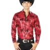 Camisa Vaquera Manga Larga Estampada Caballos Vino Para Hombre 'El Señor De Los Cielos' - ID: 43595
