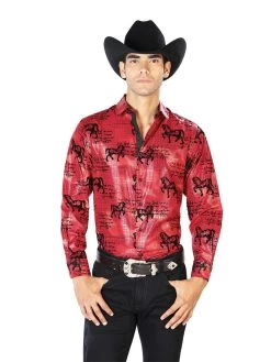 Camisa Vaquera Manga Larga Estampada Caballos Vino Para Hombre 'El Señor De Los Cielos' - ID: 43595