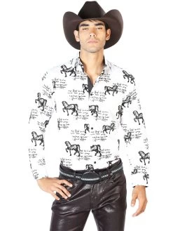 Camisa Vaquera Manga Larga Estampada Caballos Blanco Para Hombre 'El Señor De Los Cielos' - ID: 43597