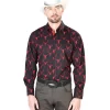 Camisa Vaquera Manga Larga Estampada Calaveras De Toro Negro/Rojo Para Hombre 'El Señor De Los Cielos' - ID: 43684