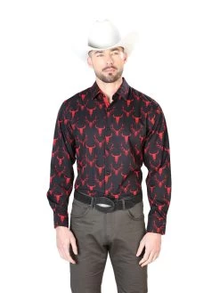 Camisa Vaquera Manga Larga Estampada Calaveras De Toro Negro/Rojo Para Hombre 'El Señor De Los Cielos' - ID: 43684