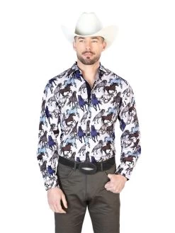 Camisa Vaquera Manga Larga Estampada Caballos Gris Pardo Para Hombre 'El Señor De Los Cielos' - ID: 43692