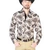 Camisa Vaquera Manga Larga Estampada Cachemir Beige Para Hombre 'El Señor De Los Cielos' - ID: 43695