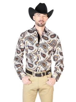 Camisa Vaquera Manga Larga Estampada Cachemir Beige Para Hombre 'El Señor De Los Cielos' - ID: 43695
