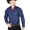 Camisa Vaquera Manga Larga Estampada Caballos Azul Para Hombre 'El Señor De Los Cielos' - ID: 43715