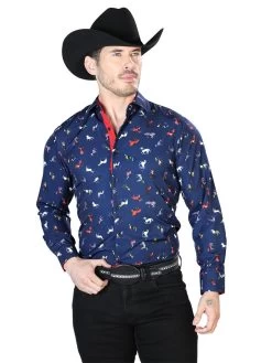 Camisa Vaquera Manga Larga Estampada Caballos Azul Para Hombre 'El Señor De Los Cielos' - ID: 43715