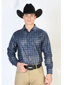 Camisa Vaquera Manga Larga Estampada Cuadros Azul Marino Para Hombre 'El Señor De Los Cielos' - ID: 43768