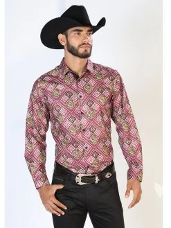Camisa Vaquera Manga Larga Estampada Vino Para Hombre 'El Señor De Los Cielos' - ID: 43770