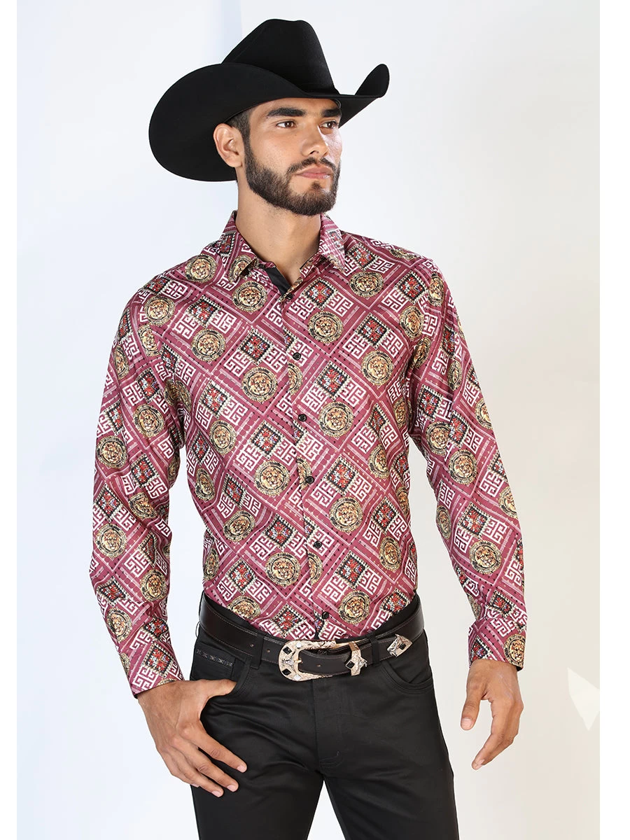 Camisa Vaquera Manga Larga Estampada Vino Para Hombre 'El Señor De Los Cielos' - ID: 43770