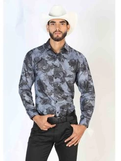 Camisa Vaquera Manga Larga Estampada Cachemir Negro Para Hombre 'El Señor De Los Cielos' - ID: 43775