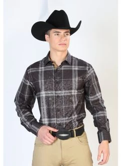Camisa Vaquera Manga Larga Estampada Cuadros Negro Para Hombre 'El Señor De Los Cielos' - ID: 43782