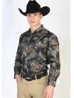 Camisa Vaquera Manga Larga Estampada Cachemir Negro/Multicolor Para Hombre 'El Señor De Los Cielos' - ID: 43800