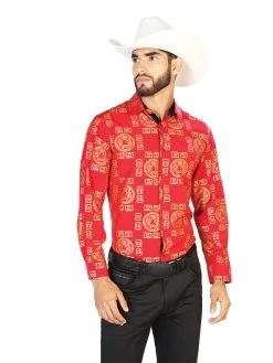 Camisa Vaquera Manga Larga Estampada Tigres Vino Para Hombre 'El Señor De Los Cielos' - ID: 43807