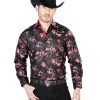 Camisa Vaquera Manga Larga Estampada Floral Negro Para Hombre 'El Señor De Los Cielos' - ID: 43810