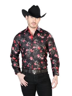 Camisa Vaquera Manga Larga Estampada Floral Negro Para Hombre 'El Señor De Los Cielos' - ID: 43810
