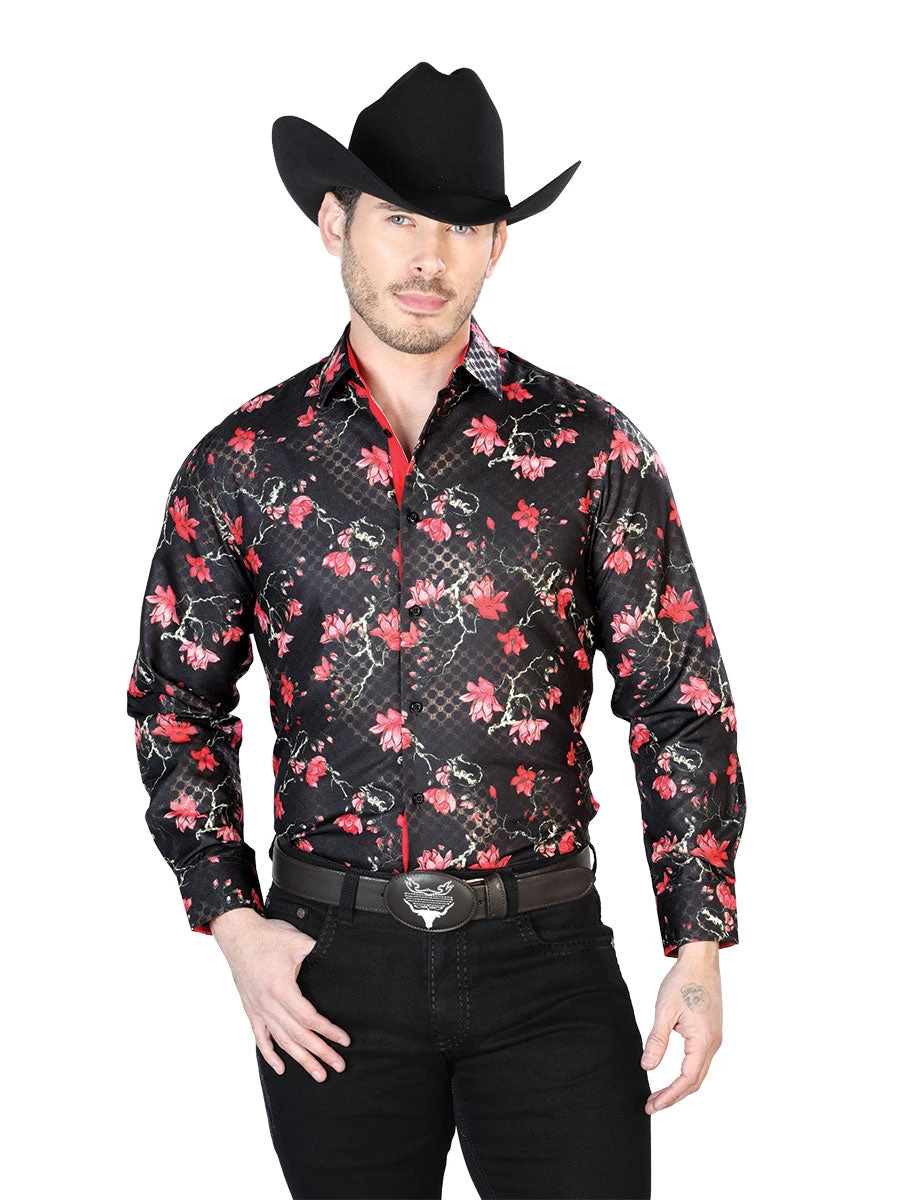 Camisa Vaquera Manga Larga Estampada Floral Negro Para Hombre 'El Señor De Los Cielos' - ID: 43810