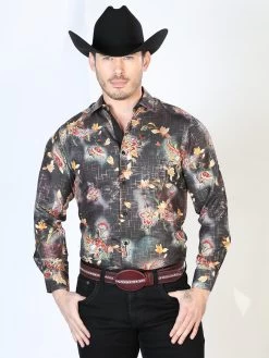 Camisa Vaquera Manga Larga Estampada Negro Multicolor Para Hombre 'El Señor De Los Cielos' - ID: 43813