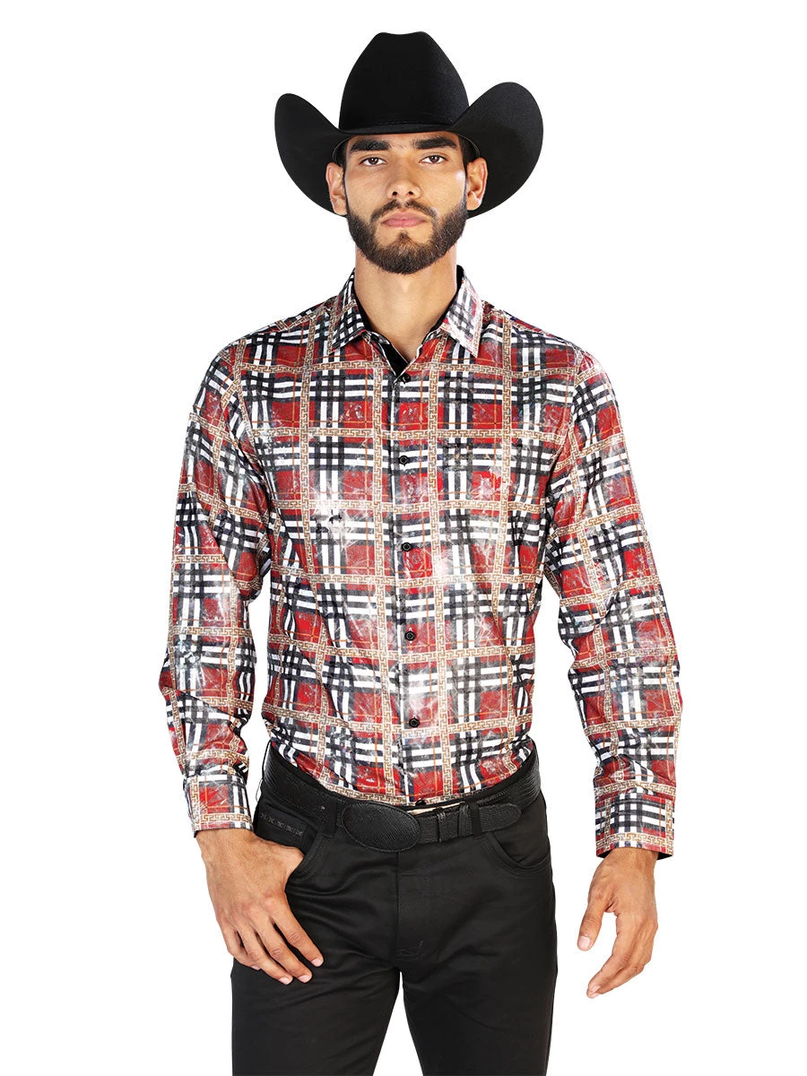 Camisa Vaquera Manga Larga Estampada Cuadros Cuadros Rojo Para Hombre 'El Señor De Los Cielos' - ID: 43816