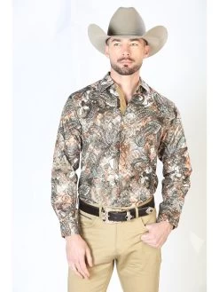 Camisa Vaquera Manga Larga Estampada Cachemir Gris Pardo Para Hombre 'El Señor De Los Cielos' - ID: 43820