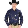 Camisa Vaquera Manga Larga Estampada Toros Azul Marino Para Hombre 'El Señor De Los Cielos' - ID: 43832