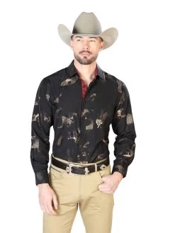 Camisa Vaquera Manga Larga Estampada Toros Negro Para Hombre 'El Señor De Los Cielos' - ID: 43835