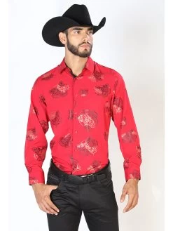 Camisa Vaquera Manga Larga Estampada Tigres Rojo Para Hombre 'El Señor De Los Cielos' - ID: 43840