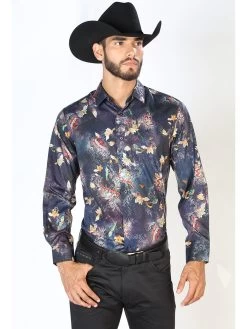 Camisa Vaquera Manga Larga Estampada Marino Para Hombre 'El Señor De Los Cielos' - ID: 43841
