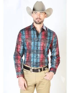 Camisa Vaquera Manga Larga Estampada Cuadros Azul Para Hombre 'El Señor De Los Cielos' - ID: 43851