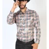 Camisa Vaquera Manga Larga Estampada Cuadros Beige/Negro Para Hombre 'El Señor De Los Cielos' - ID: 43852
